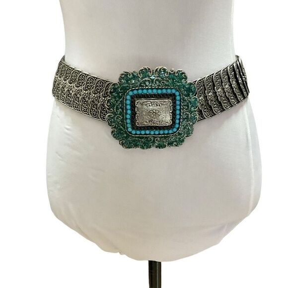 No Brand Accessories - Vintage Belt Rocker Biker Large Ornate Buckle Pewter Toned Floral Turquoise 30”